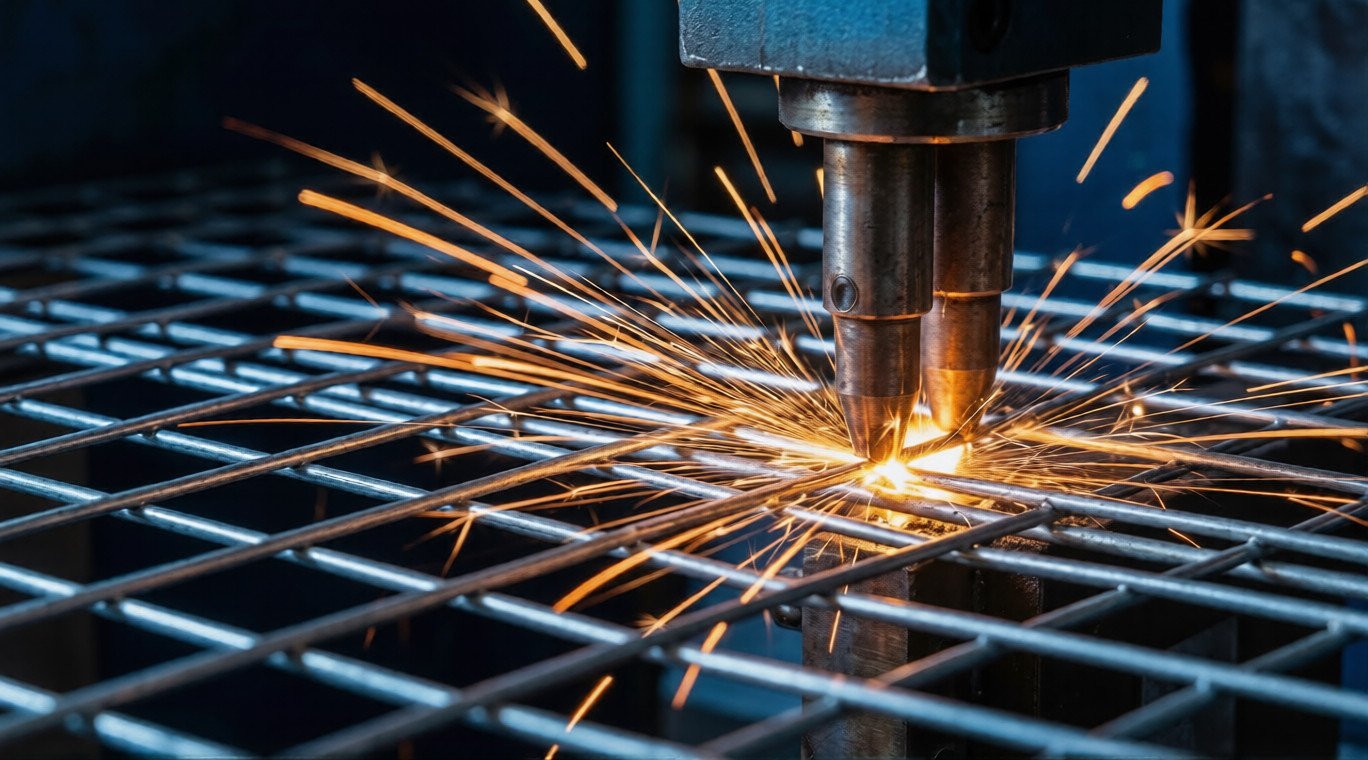 High-speed automated welding machine producing galvanized wire mesh with precision sparks, demonstrating strong manufacturing capability.