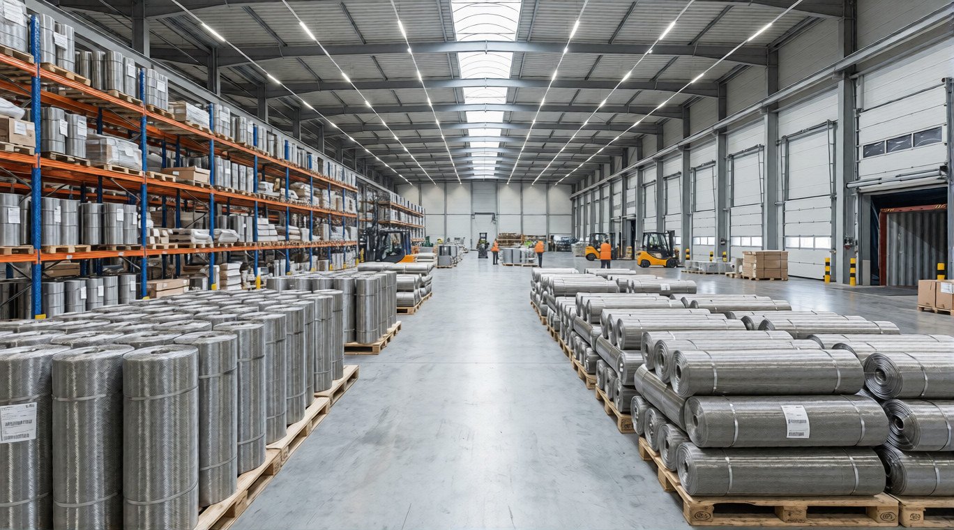 Warehouse filled with high-quality stainless steel wire mesh products on wooden pallets, ready for international shipment and export.