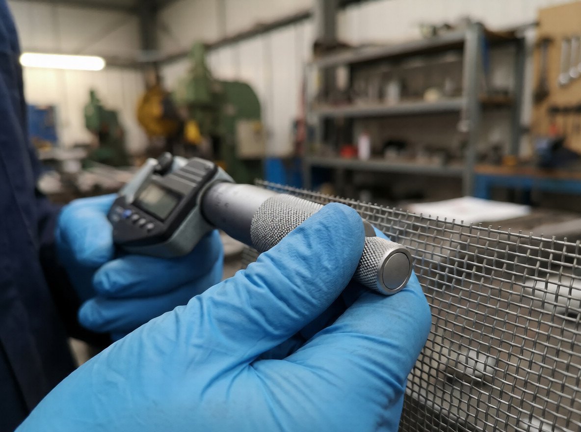 Close-up of QA engineer strictly inspecting stainless steel wire diameter using a mechanical micrometer with proper two-hand handling.