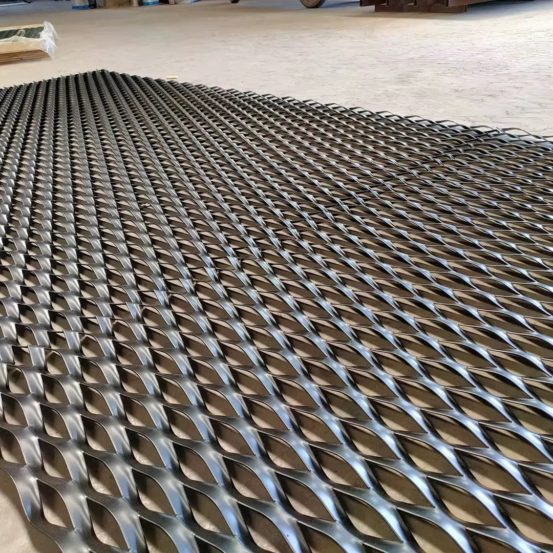 Raised expanded metal sheet showing diamond opening and strand structure